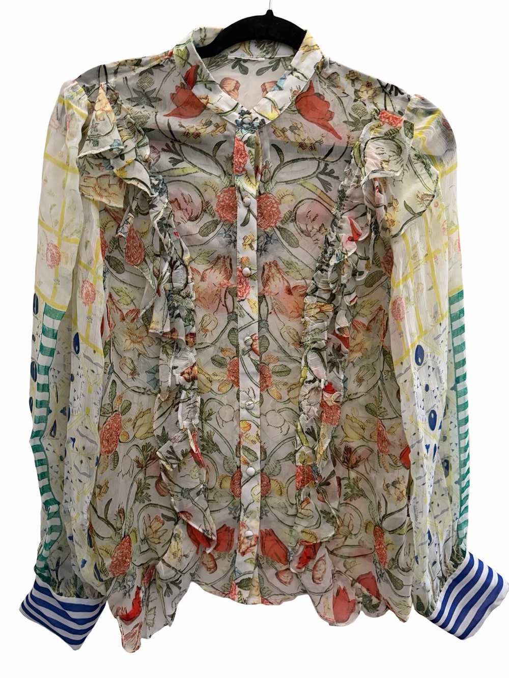 HEMANT & NANDITA Charu Blouse Sheer Floral Ruffle Cream with Multi Boho Sz XS S